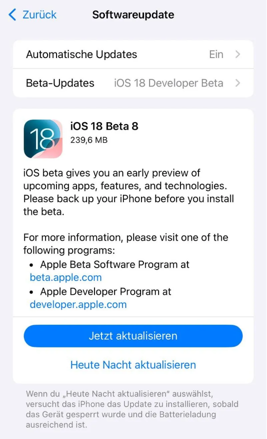 彭水苹果手机维修分享苹果 iOS / iPadOS 18 开发者预览版 Beta 8 发布 